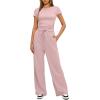 imageDarong Womens 2 Piece Outfits Lounge Sets Ruched Short Sleeve Tops High Waisted Wide Leg Pants Tracksuit SetsDark Pink29 Inseam