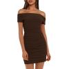 imageDarong Womens Sexy Elegant Off The Shoulder Mesh Short Sleeve Ruched Bodycon Cocktail Party Mini DressesCoffee