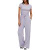 imageDarong Womens 2 Piece Outfits Lounge Sets Ruched Short Sleeve Tops High Waisted Wide Leg Pants Tracksuit SetsTaro Purple29 Inseam