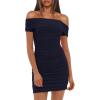 imageDarong Womens Sexy Elegant Off The Shoulder Mesh Short Sleeve Ruched Bodycon Cocktail Party Mini DressesDark Blue