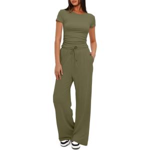 imageDarong Womens 2 Piece Outfits Lounge Sets Ruched Short Sleeve Tops High Waisted Wide Leg Pants Tracksuit SetsArmy Green29 Inseam