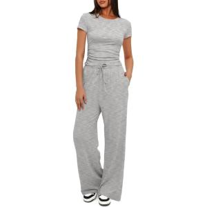 imageDarong Womens 2 Piece Outfits Lounge Sets Ruched Short Sleeve Tops High Waisted Wide Leg Pants Tracksuit SetsAthletic Grey31 Inseam
