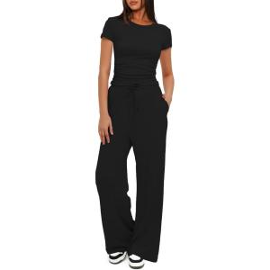 imageDarong Womens 2 Piece Outfits Lounge Sets Ruched Short Sleeve Tops High Waisted Wide Leg Pants Tracksuit SetsBlack31 Inseam