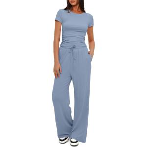 imageDarong Womens 2 Piece Outfits Lounge Sets Ruched Short Sleeve Tops High Waisted Wide Leg Pants Tracksuit SetsBlue31 Inseam