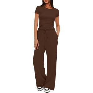 imageDarong Womens 2 Piece Outfits Lounge Sets Ruched Short Sleeve Tops High Waisted Wide Leg Pants Tracksuit SetsCoffee31 Inseam