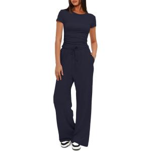 imageDarong Womens 2 Piece Outfits Lounge Sets Ruched Short Sleeve Tops High Waisted Wide Leg Pants Tracksuit SetsDark Blue29 Inseam