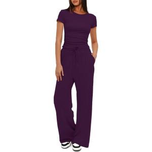 imageDarong Womens 2 Piece Outfits Lounge Sets Ruched Short Sleeve Tops High Waisted Wide Leg Pants Tracksuit SetsDark Purple31 Inseam