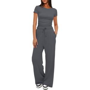 imageDarong Womens 2 Piece Outfits Lounge Sets Ruched Short Sleeve Tops High Waisted Wide Leg Pants Tracksuit SetsGrey29 Inseam