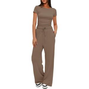 imageDarong Womens 2 Piece Outfits Lounge Sets Ruched Short Sleeve Tops High Waisted Wide Leg Pants Tracksuit SetsKhaki31 Inseam