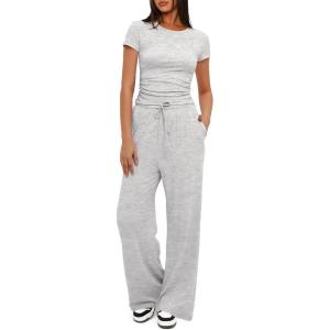 imageDarong Womens 2 Piece Outfits Lounge Sets Ruched Short Sleeve Tops High Waisted Wide Leg Pants Tracksuit SetsLight Grey31 Inseam
