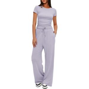 imageDarong Womens 2 Piece Outfits Lounge Sets Ruched Short Sleeve Tops High Waisted Wide Leg Pants Tracksuit SetsTaro Purple29 Inseam