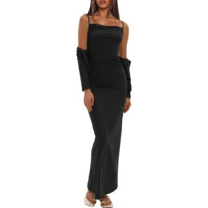 imageDarong Womens Dresses Cowl Neck Spaghetti Strap Bodycon Maxi Dress with Crop Long Sleeve Cardigan SetBlackheight 5759