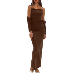 imageDarong Womens Dresses Cowl Neck Spaghetti Strap Bodycon Maxi Dress with Crop Long Sleeve Cardigan SetCoffeeheight 5456