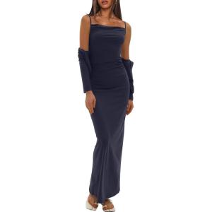 imageDarong Womens Dresses Cowl Neck Spaghetti Strap Bodycon Maxi Dress with Crop Long Sleeve Cardigan SetDark Blueheight 5759