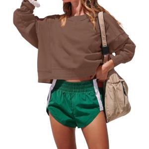 imageDarong Womens Oversized Cropped Sweatshirts Crewneck Long Sleeve Workout Pullover Hoodies Fall Fashion OutfitsBrown