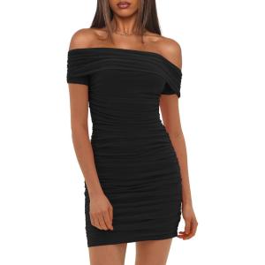 imageDarong Womens Sexy Elegant Off The Shoulder Mesh Short Sleeve Ruched Bodycon Cocktail Party Mini DressesBlack