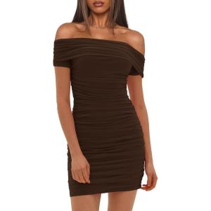 imageDarong Womens Sexy Elegant Off The Shoulder Mesh Short Sleeve Ruched Bodycon Cocktail Party Mini DressesCoffee