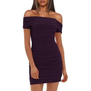 imageDarong Womens Sexy Elegant Off The Shoulder Mesh Short Sleeve Ruched Bodycon Cocktail Party Mini DressesDark Purple