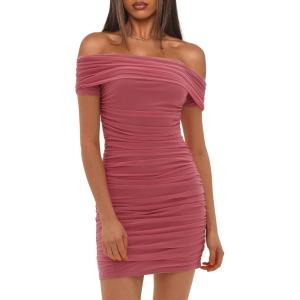 imageDarong Womens Sexy Elegant Off The Shoulder Mesh Short Sleeve Ruched Bodycon Cocktail Party Mini DressesRaspberry Pink