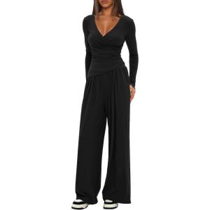 imageDarong Womens 2 Piece Lounge Outfits Sets Warp V Neck ShortLong Sleeve Shirts and Wide Leg Pants Casual Matching SetsBlack29 Inseam