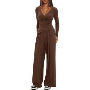 imageDarong Womens 2 Piece Lounge Outfits Sets Warp V Neck ShortLong Sleeve Shirts and Wide Leg Pants Casual Matching SetsCoffee31 Inseam