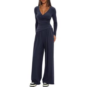 imageDarong Womens 2 Piece Lounge Outfits Sets Warp V Neck ShortLong Sleeve Shirts and Wide Leg Pants Casual Matching SetsDark Blue29 Inseam