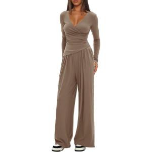 imageDarong Womens 2 Piece Lounge Outfits Sets Warp V Neck ShortLong Sleeve Shirts and Wide Leg Pants Casual Matching SetsKhaki31 Inseam