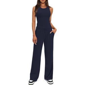 imageDarong Womens 2 Piece Outfits Lounge Sets Sleeveless Tank Tops Wide Leg Pants Sets Tracksuits Match SetsDark Blue29 Inseam