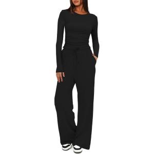 imageDarong Womens 2 Piece Sets Fall Outfits Long Sleeve Wide Leg Tracksuits Casual Lounge Set Matching SetsBlack31 Inseam