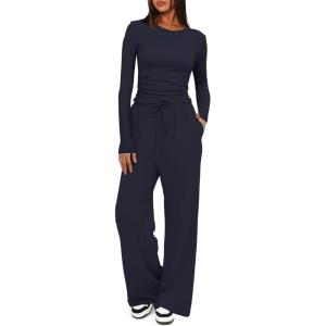 imageDarong Womens 2 Piece Sets Fall Outfits Long Sleeve Wide Leg Tracksuits Casual Lounge Set Matching SetsDark Blue31 Inseam
