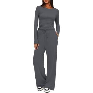 imageDarong Womens 2 Piece Sets Fall Outfits Long Sleeve Wide Leg Tracksuits Casual Lounge Set Matching SetsGrey31 Inseam