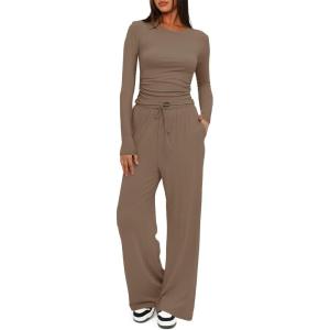 imageDarong Womens 2 Piece Sets Fall Outfits Long Sleeve Wide Leg Tracksuits Casual Lounge Set Matching SetsKhaki29 Inseam