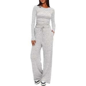 imageDarong Womens 2 Piece Sets Fall Outfits Long Sleeve Wide Leg Tracksuits Casual Lounge Set Matching SetsWhite Grey31 Inseam