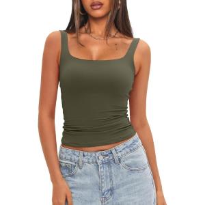 imageDarong Womens Padded Square Neck Tank Tops Summer Double Layer Basic Sleeveless Tank Shirts Built in BraArmy Green