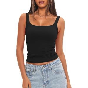 imageDarong Womens Padded Square Neck Tank Tops Summer Double Layer Basic Sleeveless Tank Shirts Built in BraBlack