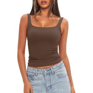 imageDarong Womens Padded Square Neck Tank Tops Summer Double Layer Basic Sleeveless Tank Shirts Built in BraCoffee