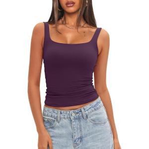 imageDarong Womens Padded Square Neck Tank Tops Summer Double Layer Basic Sleeveless Tank Shirts Built in BraDark Purple