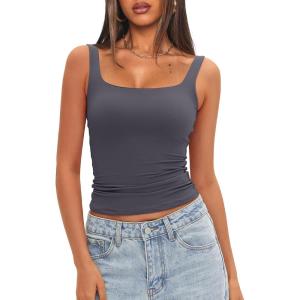 imageDarong Womens Padded Square Neck Tank Tops Summer Double Layer Basic Sleeveless Tank Shirts Built in BraGrey