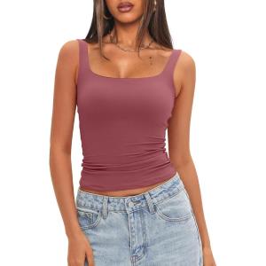 imageDarong Womens Padded Square Neck Tank Tops Summer Double Layer Basic Sleeveless Tank Shirts Built in BraMerlot