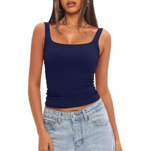 imageDarong Womens Padded Square Neck Tank Tops Summer Double Layer Basic Sleeveless Tank Shirts Built in BraNavy Blue