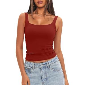 imageDarong Womens Padded Square Neck Tank Tops Summer Double Layer Basic Sleeveless Tank Shirts Built in BraRed