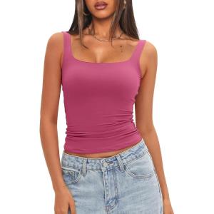 imageDarong Womens Padded Square Neck Tank Tops Summer Double Layer Basic Sleeveless Tank Shirts Built in BraRose Pink