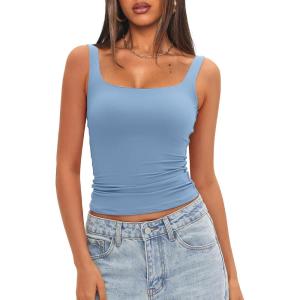 imageDarong Womens Padded Square Neck Tank Tops Summer Double Layer Basic Sleeveless Tank Shirts Built in BraSky Blue