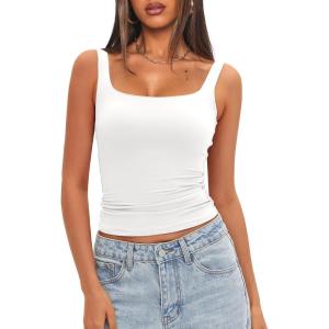 imageDarong Womens Padded Square Neck Tank Tops Summer Double Layer Basic Sleeveless Tank Shirts Built in BraWhite
