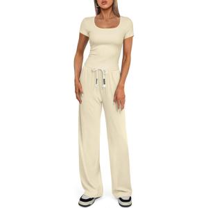 imageDarong Womens Two Piece Outfit Short Sleeve Scoop Neck T Shirts with Wide Leg Pants Active Tracksuit Lounge SetApricot29 Inseam
