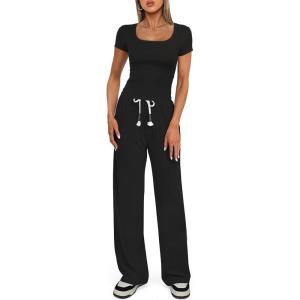 imageDarong Womens Two Piece Outfit Short Sleeve Scoop Neck T Shirts with Wide Leg Pants Active Tracksuit Lounge SetBlack31 Inseam