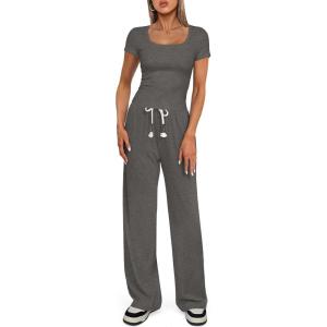 imageDarong Womens Two Piece Outfit Short Sleeve Scoop Neck T Shirts with Wide Leg Pants Active Tracksuit Lounge SetHeather Grey29 Inseam