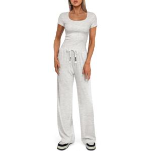 imageDarong Womens Two Piece Outfit Short Sleeve Scoop Neck T Shirts with Wide Leg Pants Active Tracksuit Lounge SetLight Grey29 Inseam