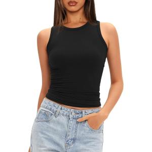 imageDarong Women Double Lined High Neck Tank Tops Summer Basic Sleeveless Racerback Fitted Tank Shirt 2025Black