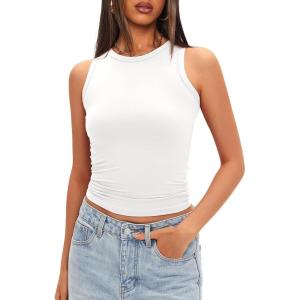imageDarong Women Double Lined High Neck Tank Tops Summer Basic Sleeveless Racerback Fitted Tank Shirt 2025White